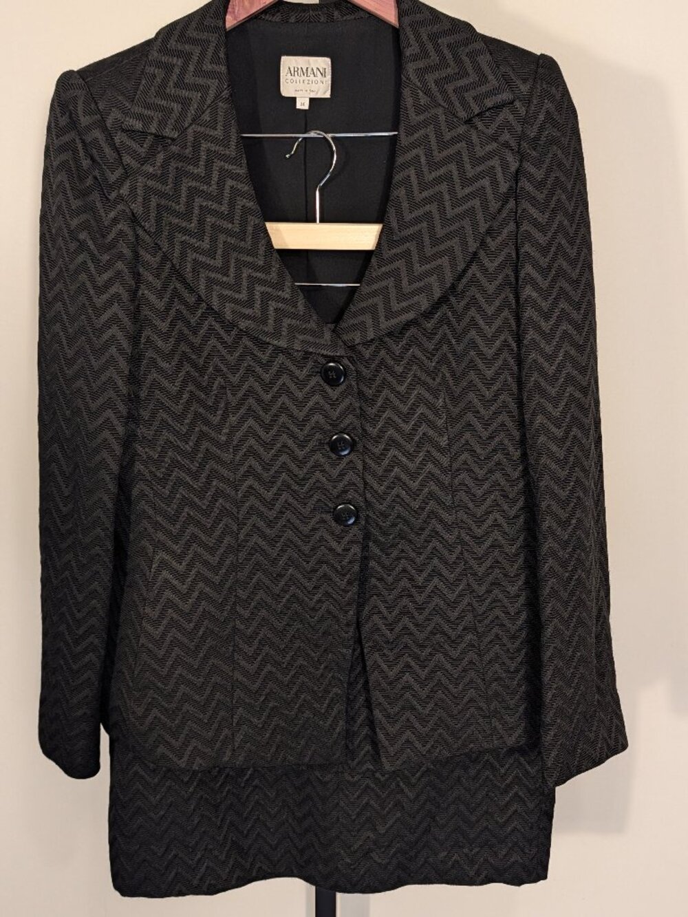 Armani Collezioni Skirt Suit | Vintage | Black Chevron Jacquard | IT 44/ US8